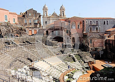 Roman theatre and church - Catania â€“ Sicily Stock Photo